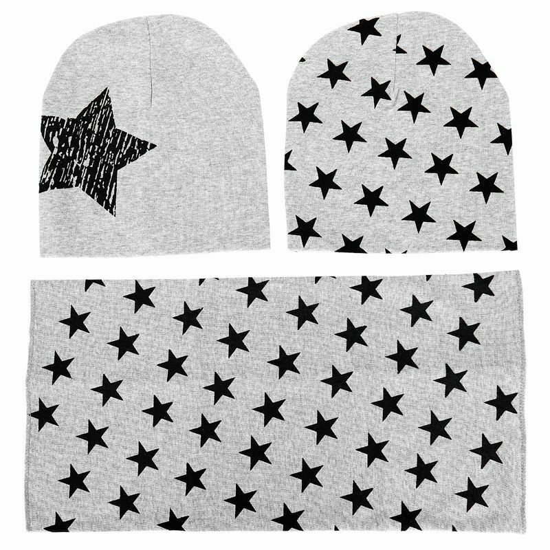 Kids Boys Girls 3Pcs Set Stars Prints O-Ring Scarf Neckerchief+Cute Beanies V5D5