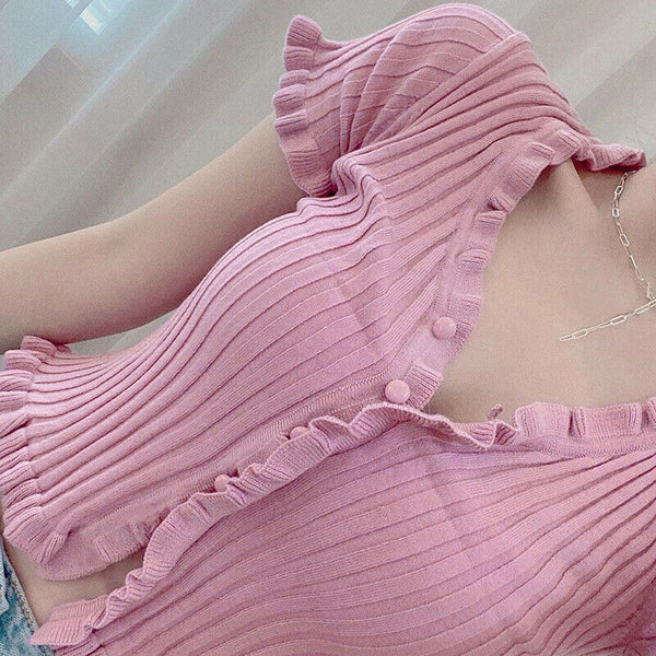 Womens Sexy Solid Color Lace V-Neck Ruffles Ribbed Crop Top Short Sleeve T-shirt