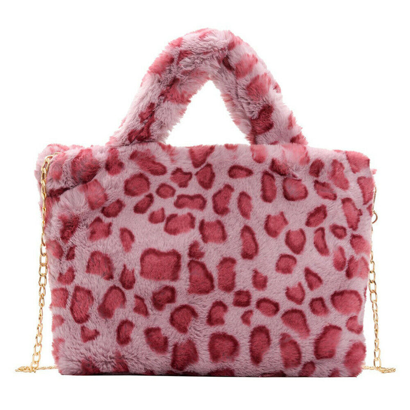 Women Plush Leopard Shoulder Handbag Large Crossbody Bags (1 Rose Red)