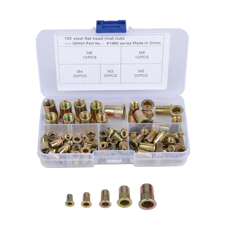 100-Pack Zinc Plated Carbon Steel Rivet Nut Flat Head Insert Nuts M3-M8