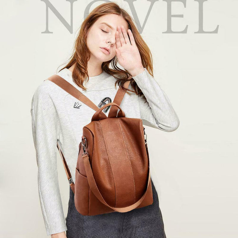 Women Backpack PU Leather School Shoulder Bag Casual Rucksacks (Brown) SN9F