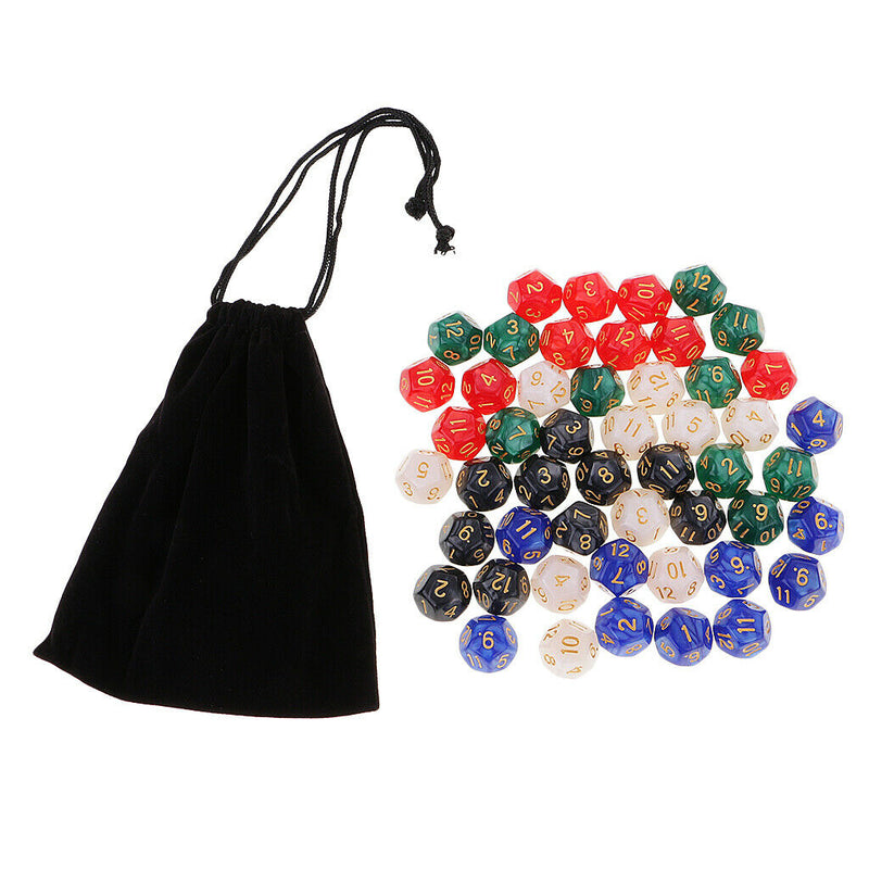 Pack of 50 D12 Dice 16mm Multicolored Die with Dice Bag for Children Kids Xmas