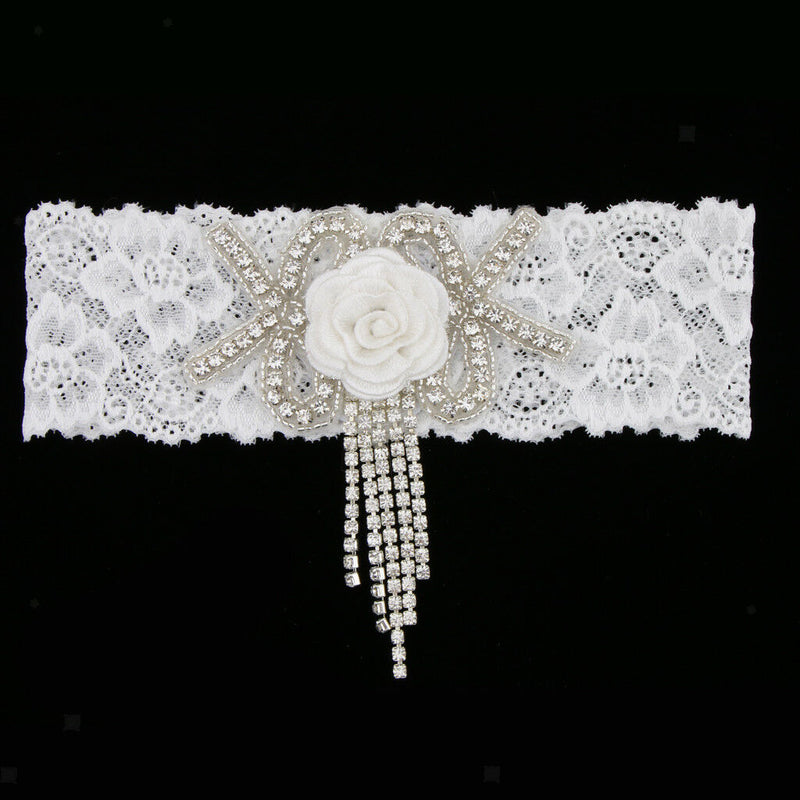 Wedding Garter Flower Applique Keepsake Throwaway Rhinestone Lace Thigh Ring