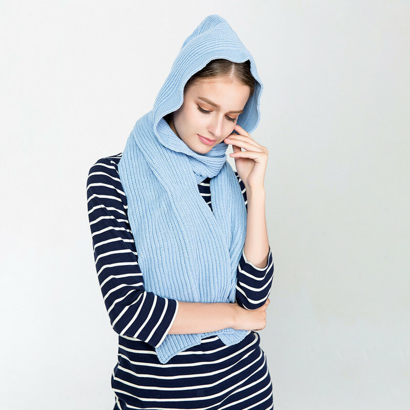 Women Winter Knit Hooded Scarf Winter Autumn Pullover Headscarf Hoodie Hat Solid