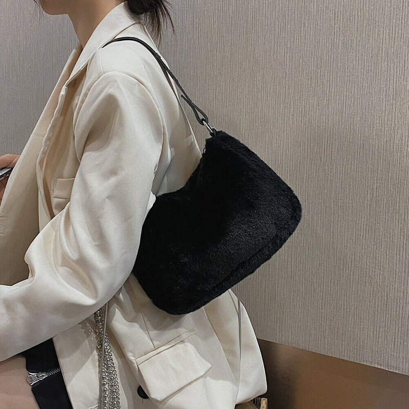 Plush Underarm Pack Shoulder Messenger Bag Women Soft Fluffy Totes (Black)