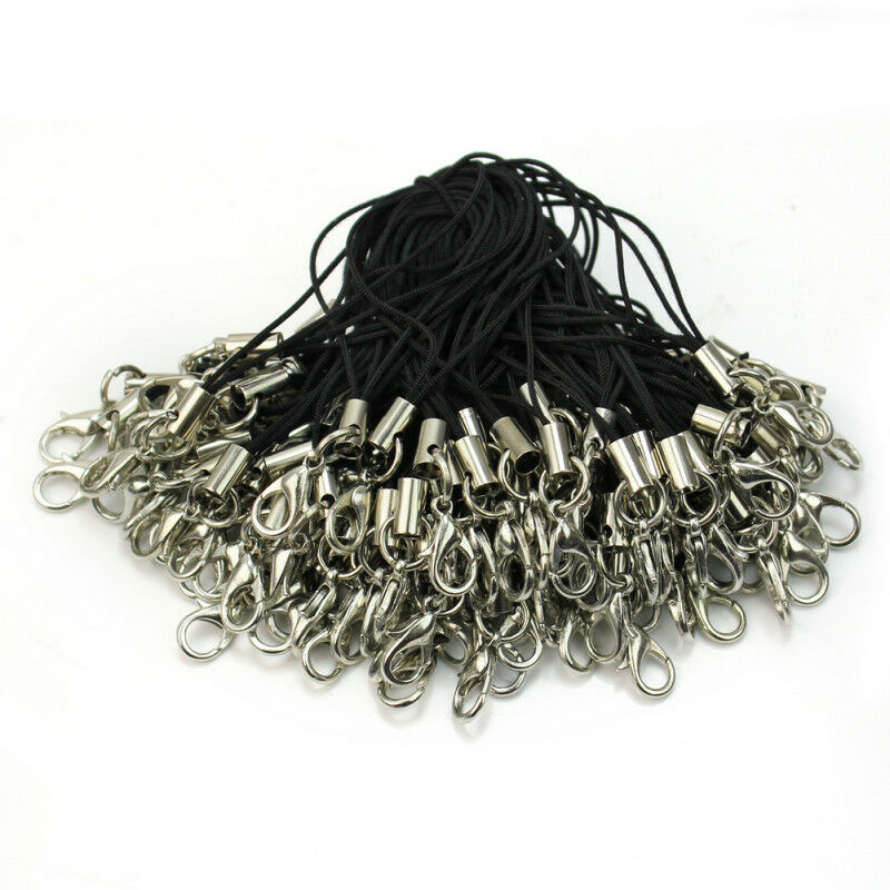 100pcs Black Mobile Cell Phone Charm Nylon Lanyard Cords With Lobster Clasps New
