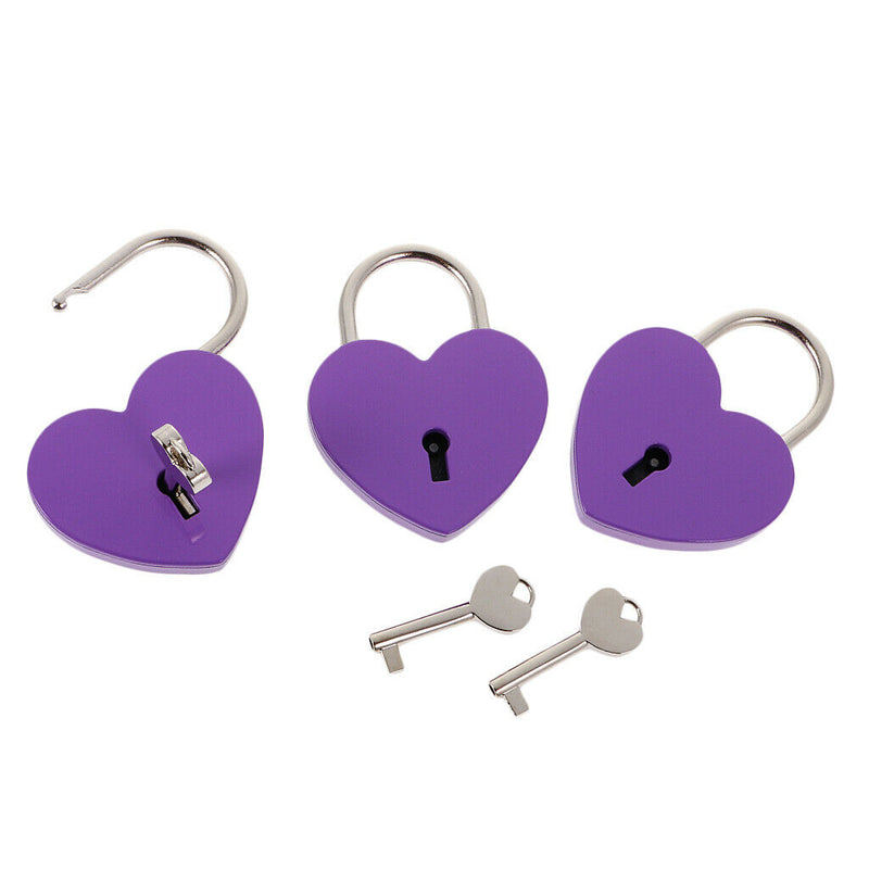 Set of 3 Cute Heart Shape Padlocks Metal Lock with Keys, Purple L