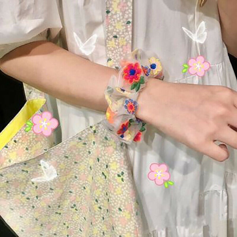 Flower Hair Rope Ties Scrunchies Girls Rubber Band Ponytail Holder (White)