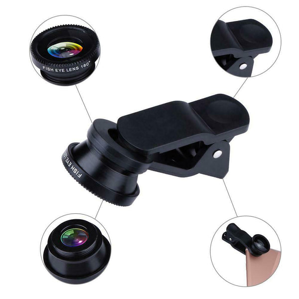 Clip 3-in-1 180 Fish-Eye Lens+Wide Angle Lens+Macro Lens Black #gib
