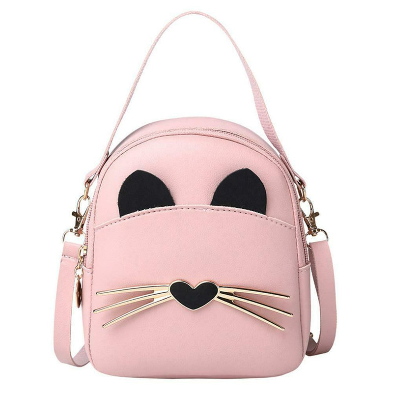 Women PU Leather Crossbody Messenger Bag Cute Cat Shoulder Backpack (Pink)
