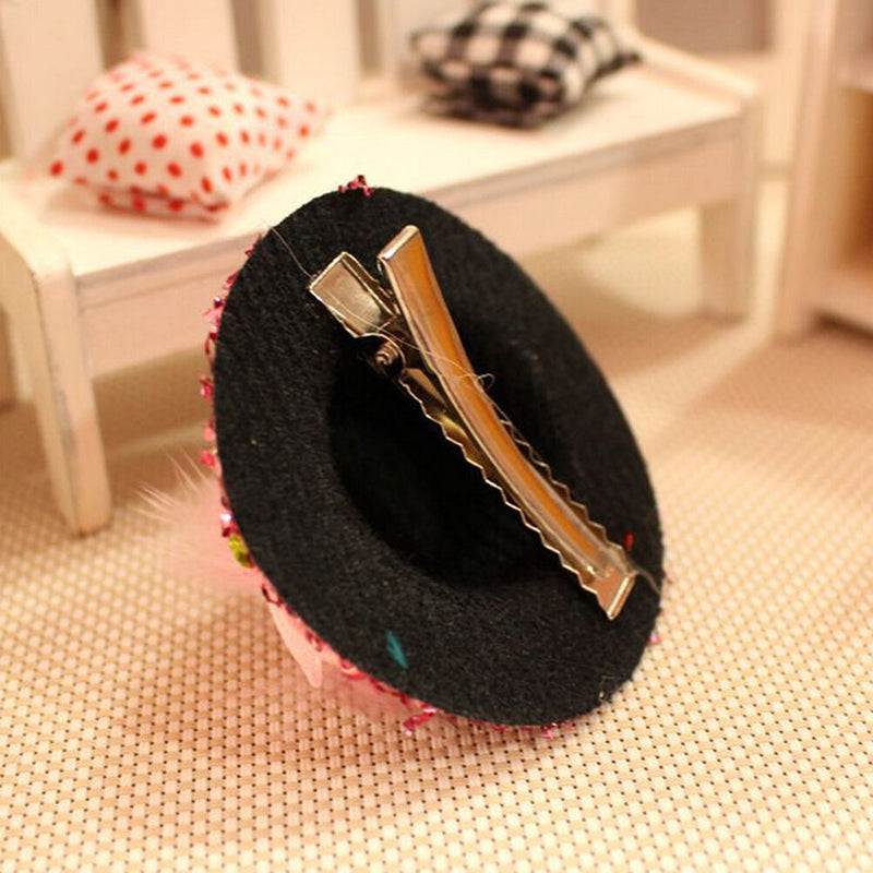 Mini Hats Hair Clip Girl Feather Hairpin Shiny Cap Bobby Pin Random Color MTC Kw