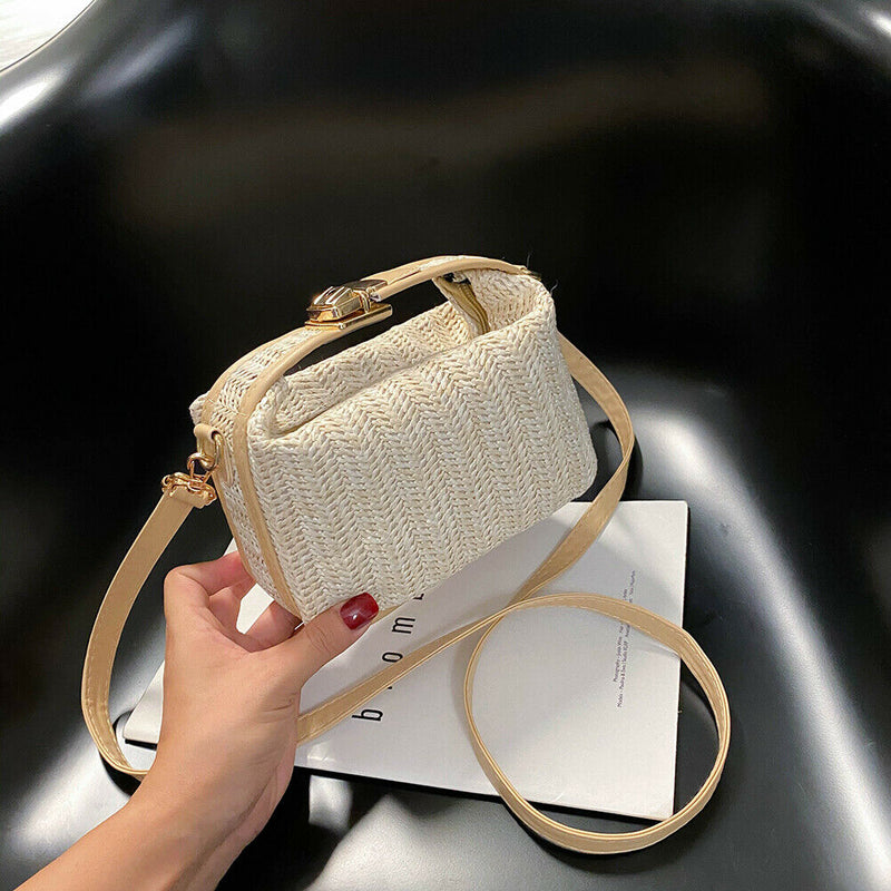 Women Straw Shoulder Bag PU Splicing Female Casual Messenger Pouch (Khaki)