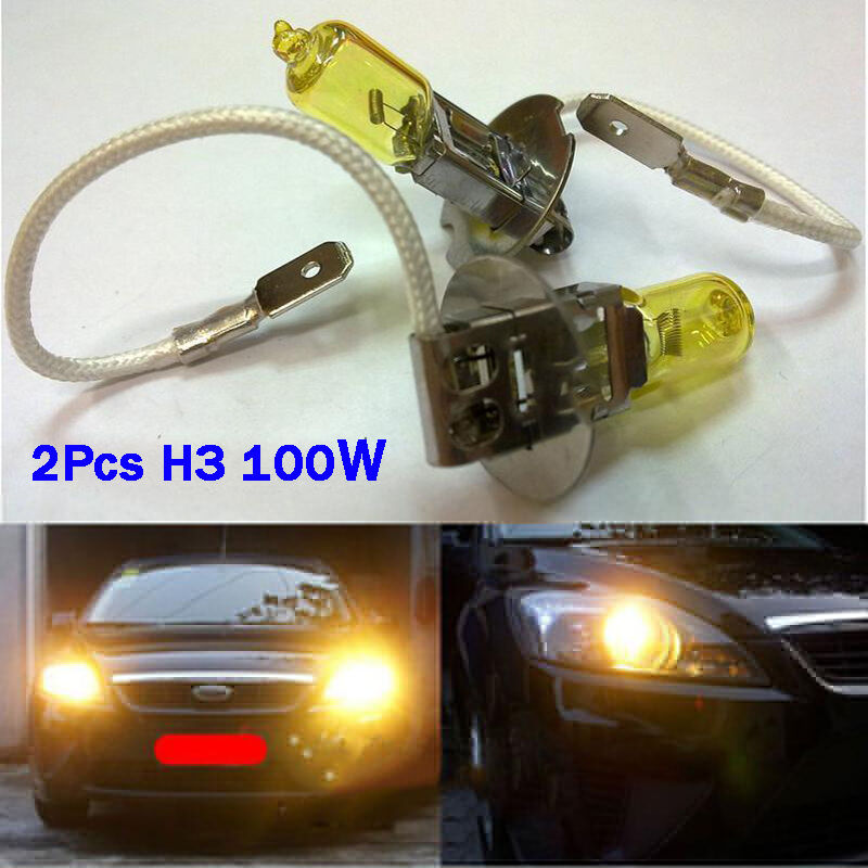 2PCS Car Vehicle H3 100W Hyper Yellow Halogen HeadLight Bulb High Beam Fog Lamp