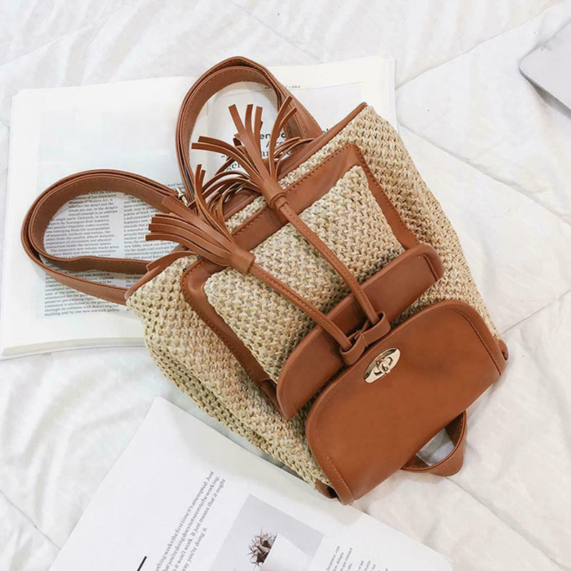 Leather Woven Backpacks Women Tassel Flap Schoolbags Knapsack (Light Brown) A