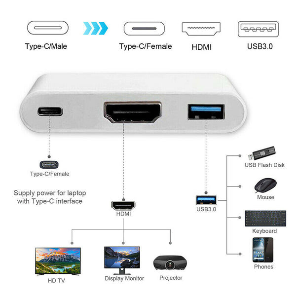 Type C USB 3.1 USB-C 4K HDMI USB 3.0 Adapter Cable 3 in 1 Hub For Macbook