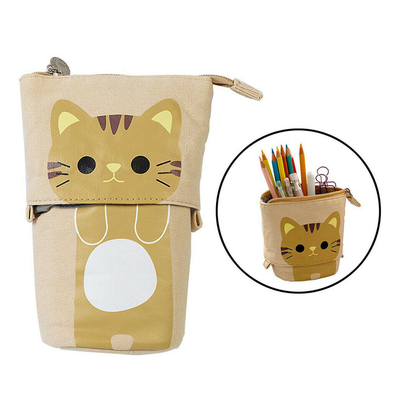 Cute Cat Pencil Case Flexible Pen Bag Zipper Box Makeup Brush Pouch Brown
