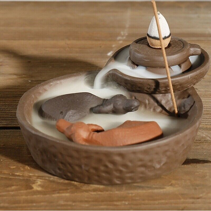 Purple Clay Smoke Backflow Incense Burner Sticks Holder Cone Lucky 2 Cattle Q9Z6