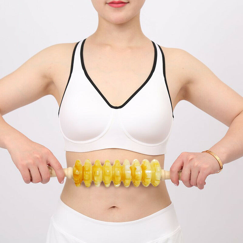 Massage Roller Stick Plastic Wheel Wood Handle Health Massager 9 Rollers f. Body