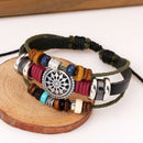 Punk Cowhide Rope Multilayer Alloy Wood Beads Unisex Adjustable Bracelet Gift