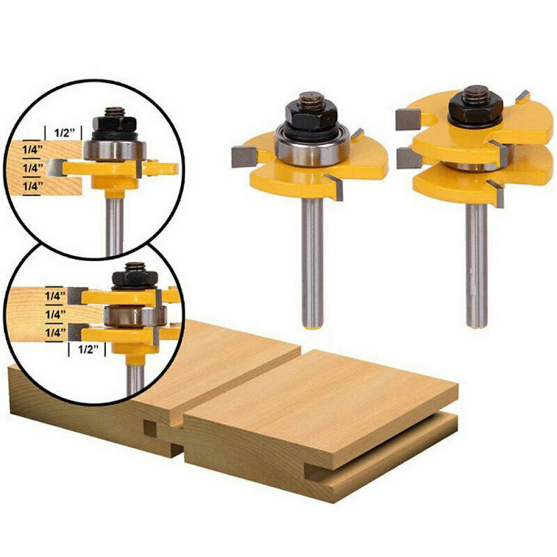 2x High Quality Yellow 1/4Inch Shank 3 Wing Tongue and Groove Router New