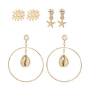 3 Pairs Shell Seastar Ear Stud Round Circle Earrings Wedding Jewelry Gift A