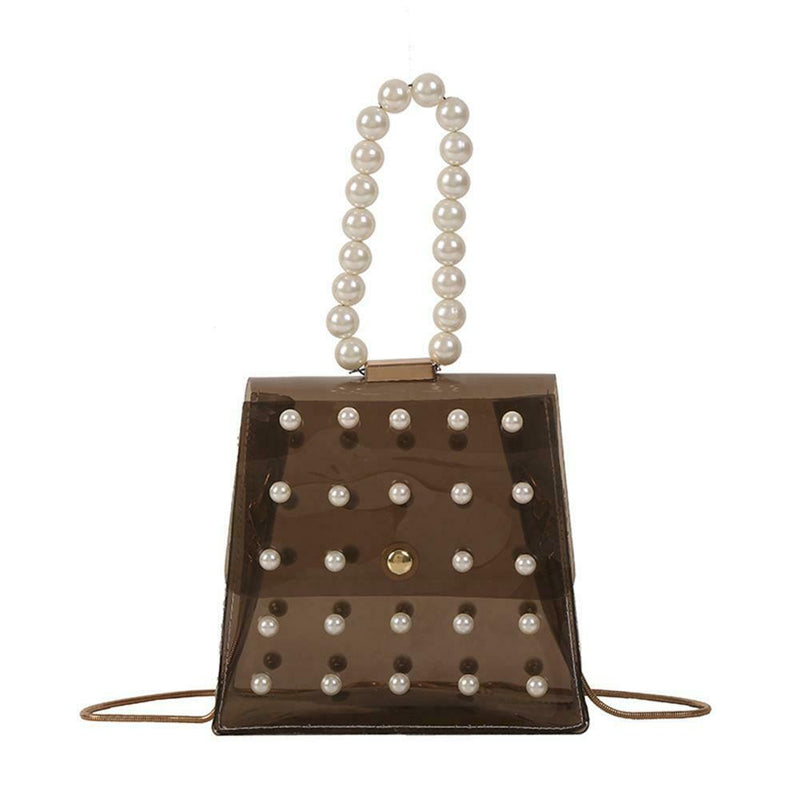 Pearls Clear Shoulder Handbags PVC Women Crossbody Top-handle Bags (Black)