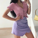 Womens Sexy Solid Color Lace V-Neck Ruffles Ribbed Crop Top Short Sleeve T-shirt