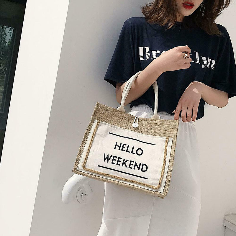 Women Linen Tote Casual Shoulder Bags Fashion Lady Print Handbags (White L) A