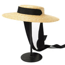 Wide Brim Boater Hat 15Cm Brim Straw Hat Flat Women Kentucky Derby Hat Blac