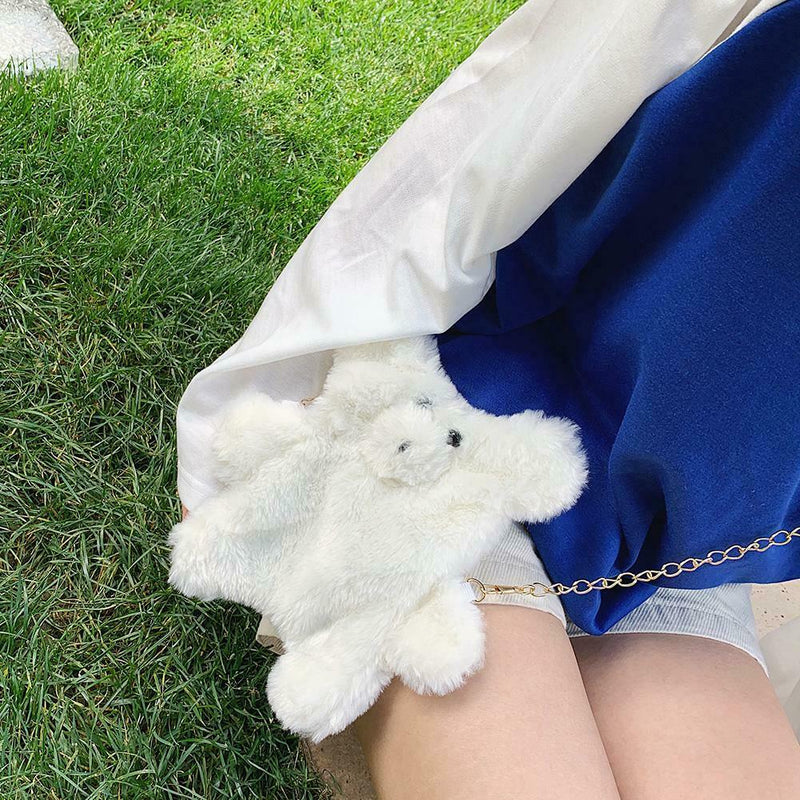 Cute Plush Bear Winter Crossbody Bag Women Crossbody Satchel Bags (White)
