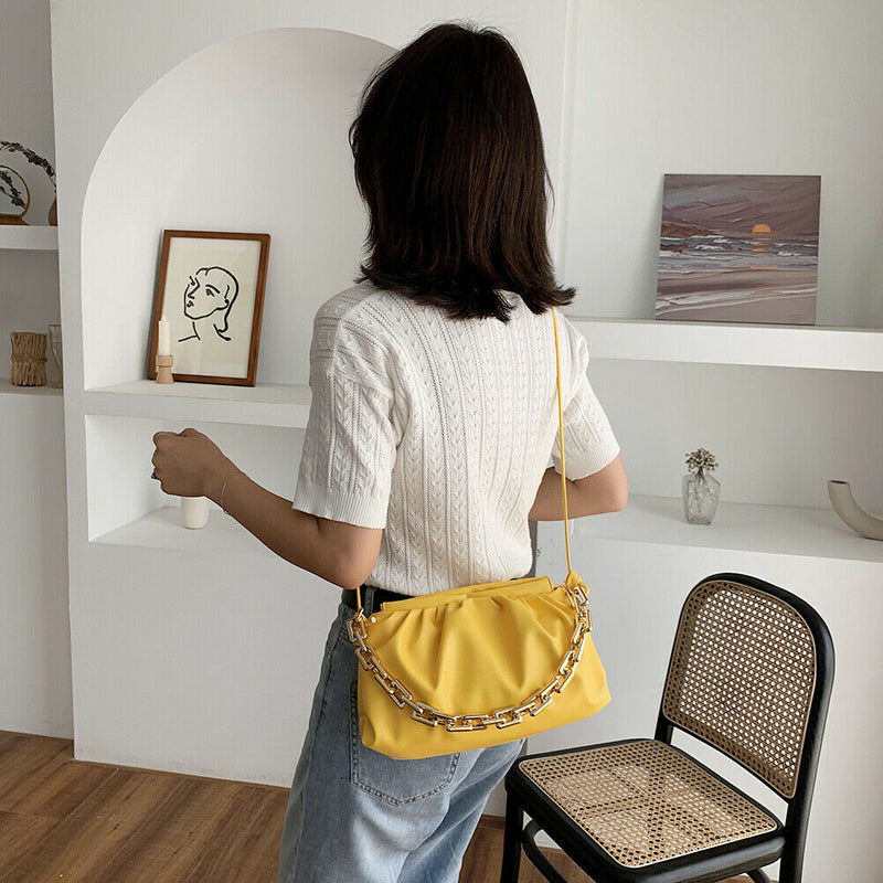 Women Pleated Shoulder Bag Chain Totes PU Cloud Messenger Handbag (Yellow)
