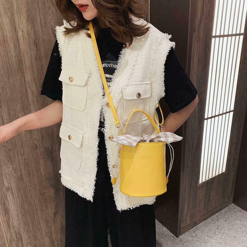 Plaid Bowknot Shoulder Handbags Leather Women Crossbody Bucket Bag (Yellow) A