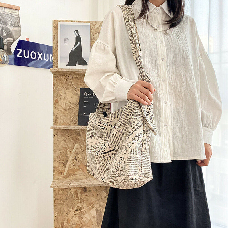 Casual Canvas Shoulder Bags Women Newspaper Print Zipper Crossbody Bags