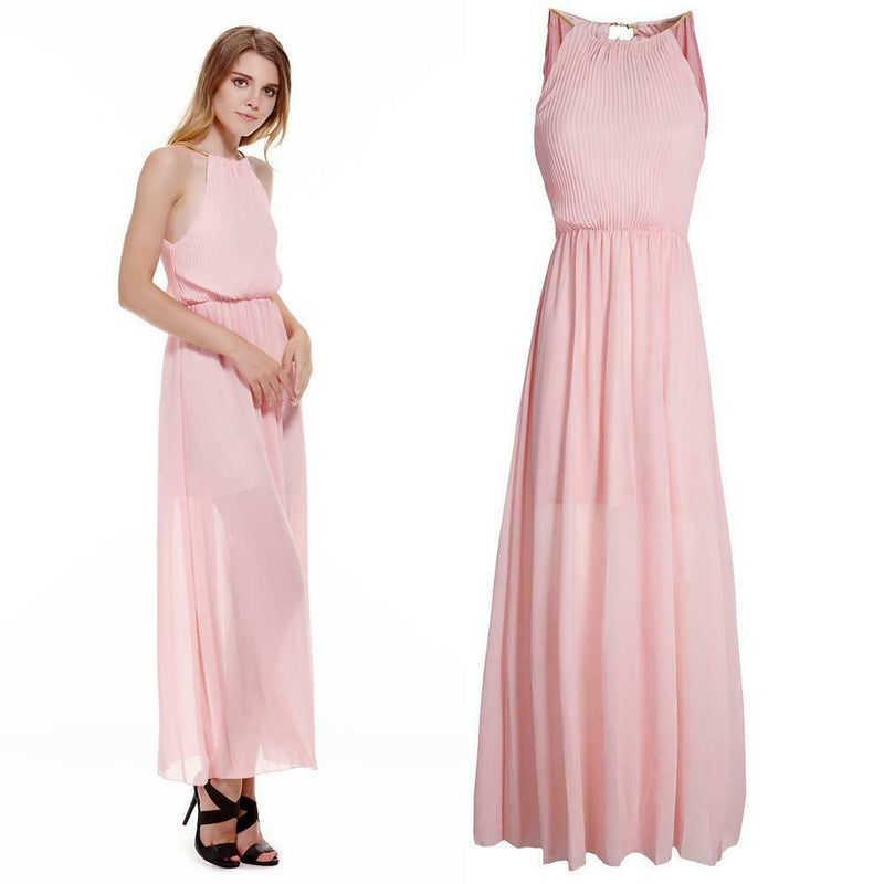 Sexy Women Dinner Party Halter Pleated Floor Length Long Dress Pink M A