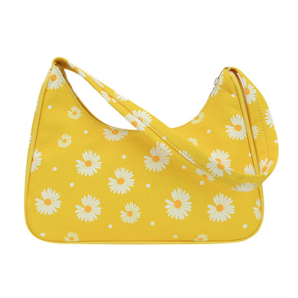 Women Flower Daisy Handbag Nylon Casual Underarm Shoulder Tote Bag (Yellow)