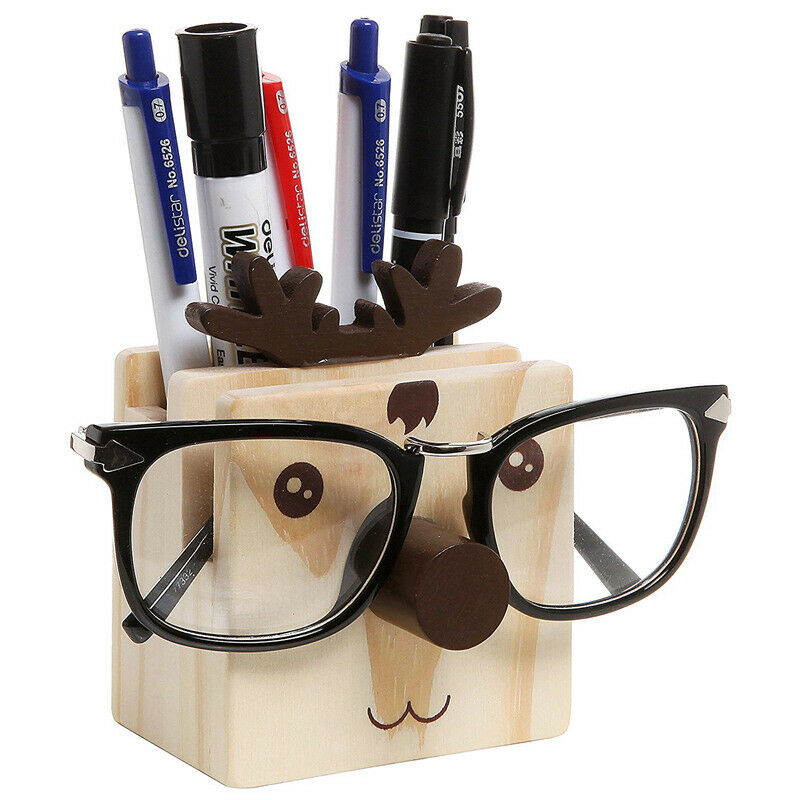 Humorous Reindeer Design Wood Desktop Pencil Cup Organizer / Novelty Eyegla X9M7
