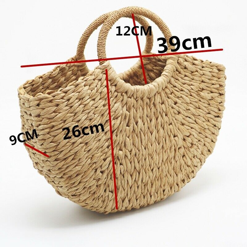 Handmade Beach Bag Round Straw Totes Bag Large Bucket Summer Bags Women Nat F2J7