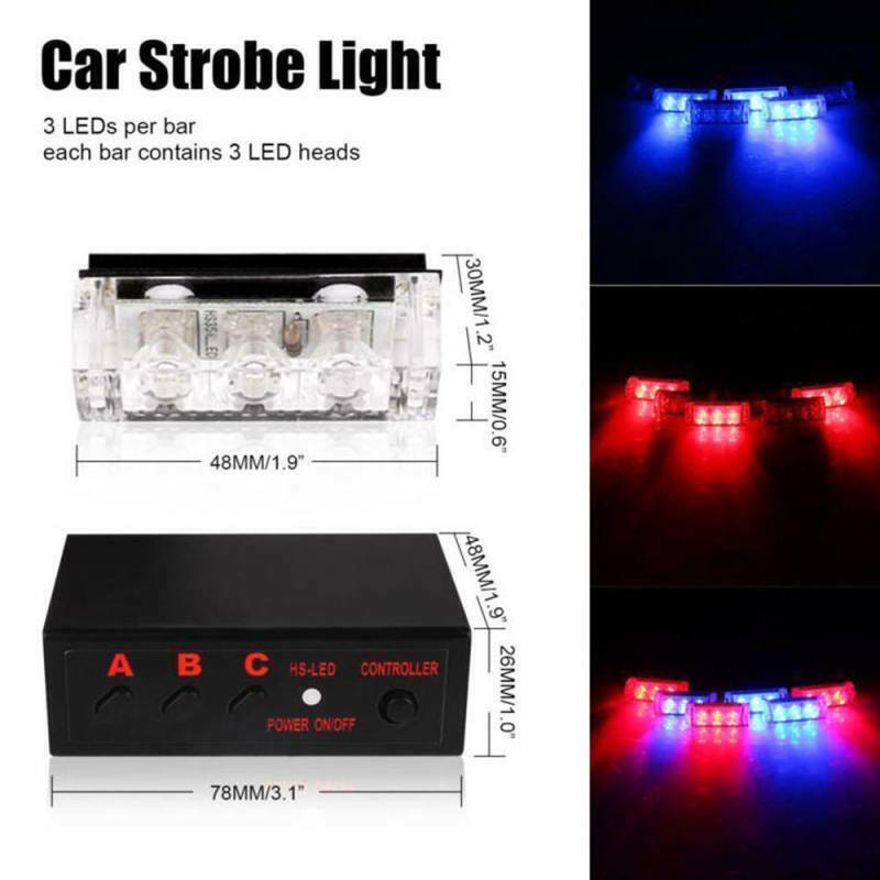 1 Set  6X 3LED Red And Blue Car Dash Flash Flash Emergency Police Warning Lights