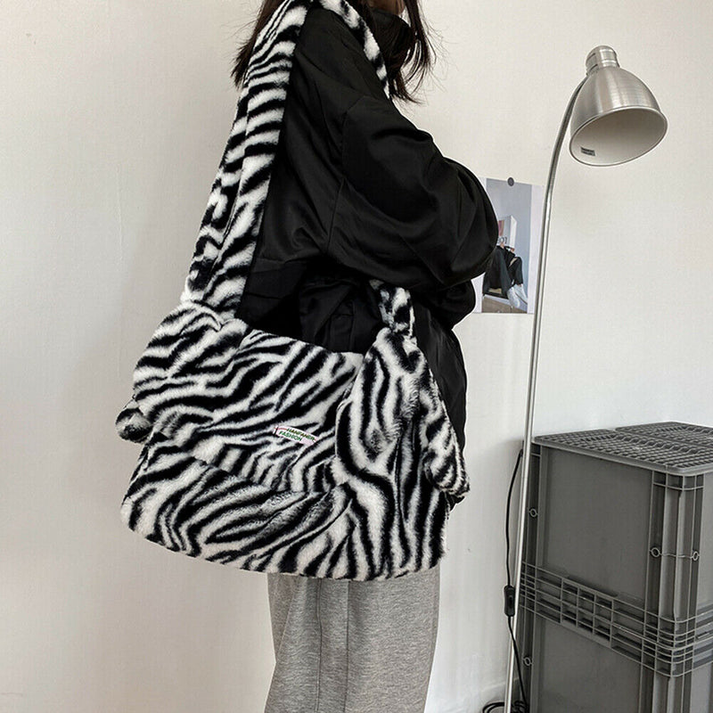 Autumn Zebra Pattern Shoulder Crossbody Bag Women Plush Large Capacity Tote