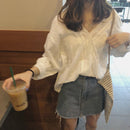 Korean Women Blouse Loose Stitching Hollow Lace V Neck Shirt Crochet Casual JC,a