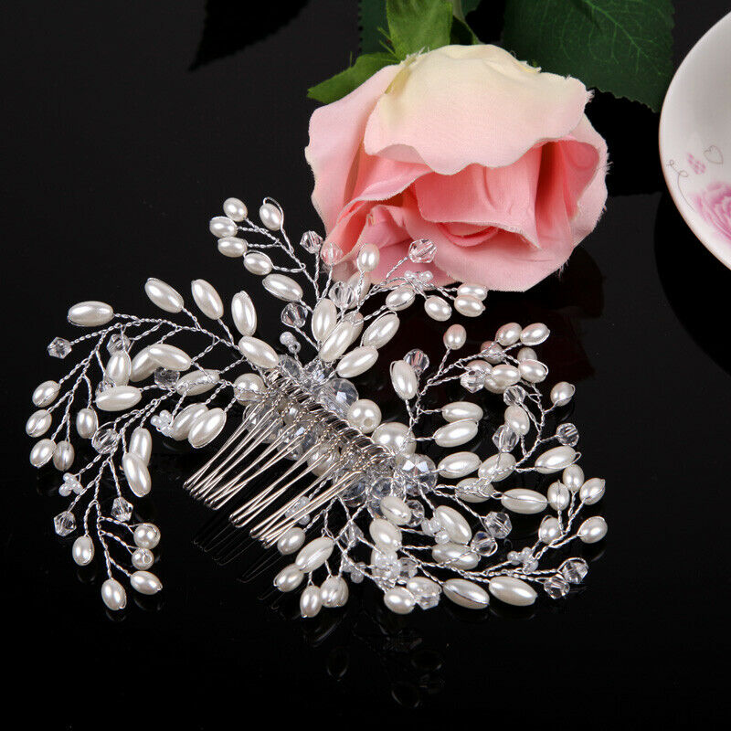Handmade Pearls Tiara Hair Comb Bride Headwear Wedding Jewelry Accessories A