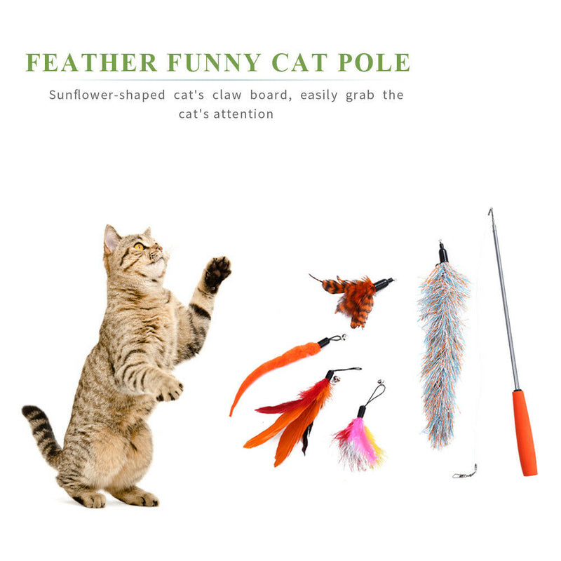 Pet Telescopic Feather Teaser Wand Rod Cat Toys w/Replacement Head (Orange)