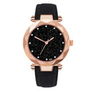 Women PU Leather Quartz Luxury Starry Sky Crystal Round Dial Watch (Black) A