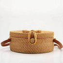 Women Handwoven Round Rattan Bag Shoulder Leather Straps Natural Chic Handb