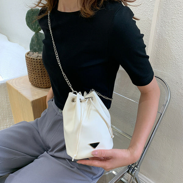 Drawstring Bucket Bag Women PU Chain Crossbody Shoulder Handbags (White)