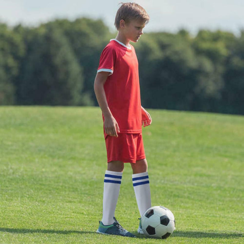 Child Sport Football Soccer Over Knee Kid Long Sock (White + Blue Stripe) A