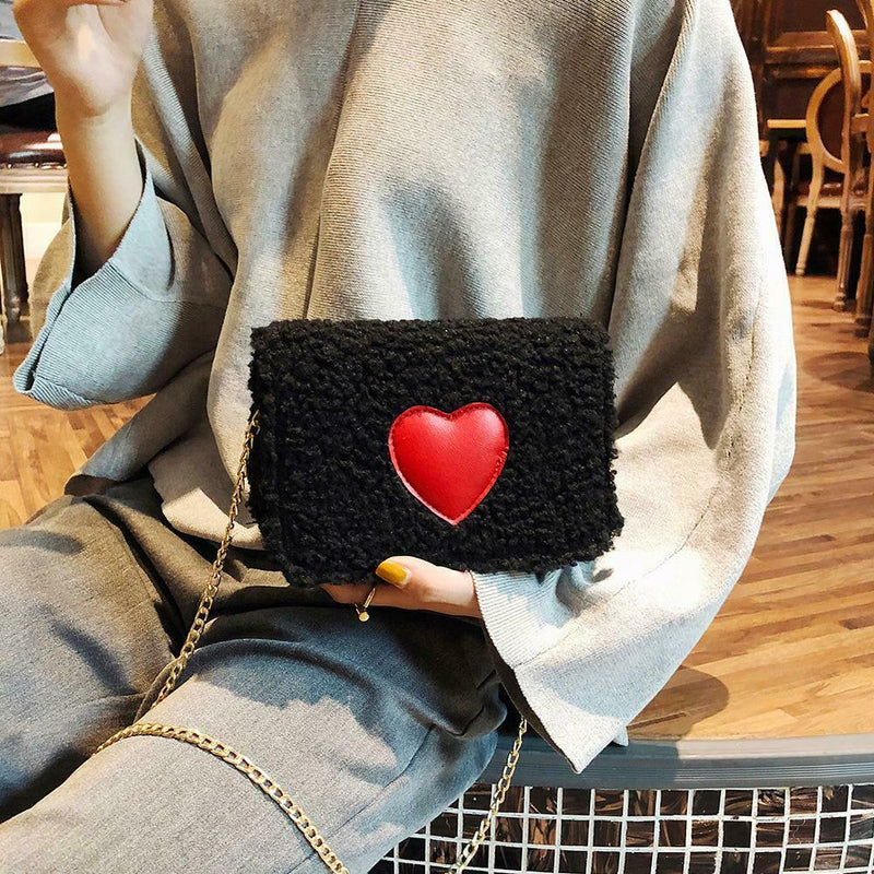Winter Heart Small Bags Women Girls Chain Shoulder Messenger Bags (Black)