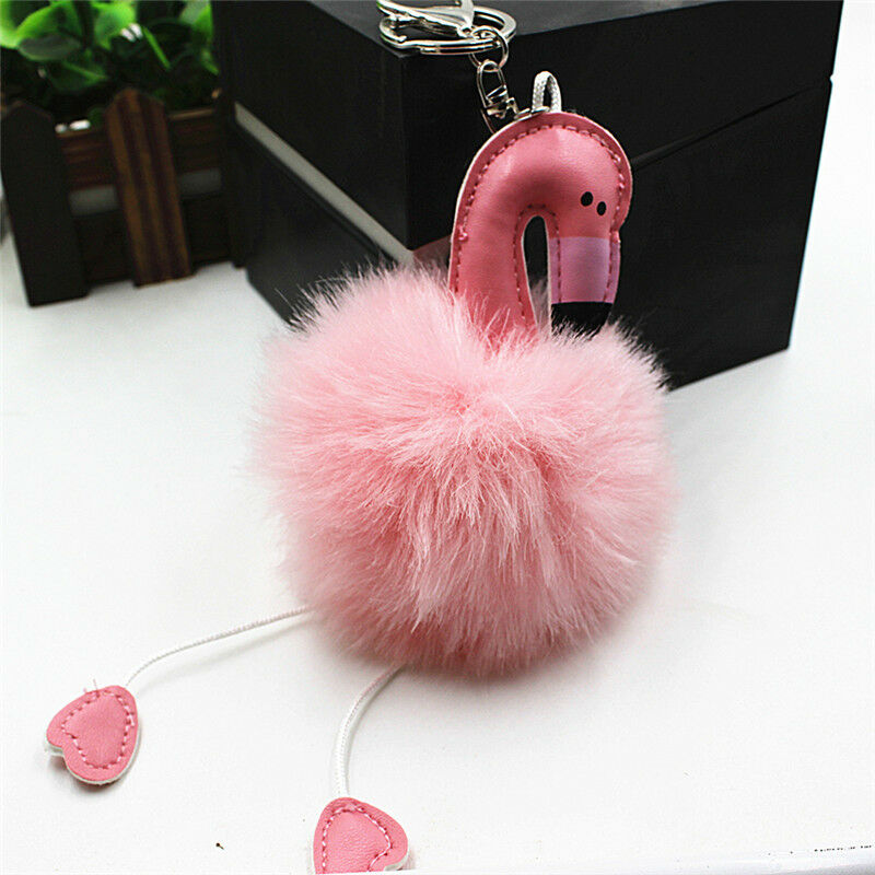 Flamingo Keychain Fluffy Faux Rabbit Ball Key Chain Women Car Bag Key Ring JClj