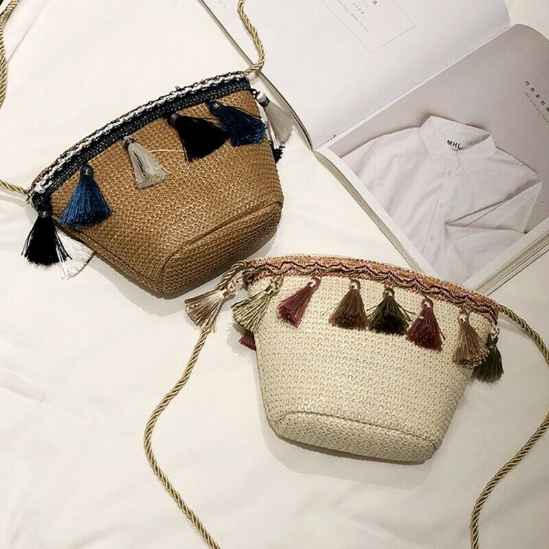 Women Tassel Coin Purse Diagonal Across The Shoulder Rattan Beach Bag(Brown)O5Y5