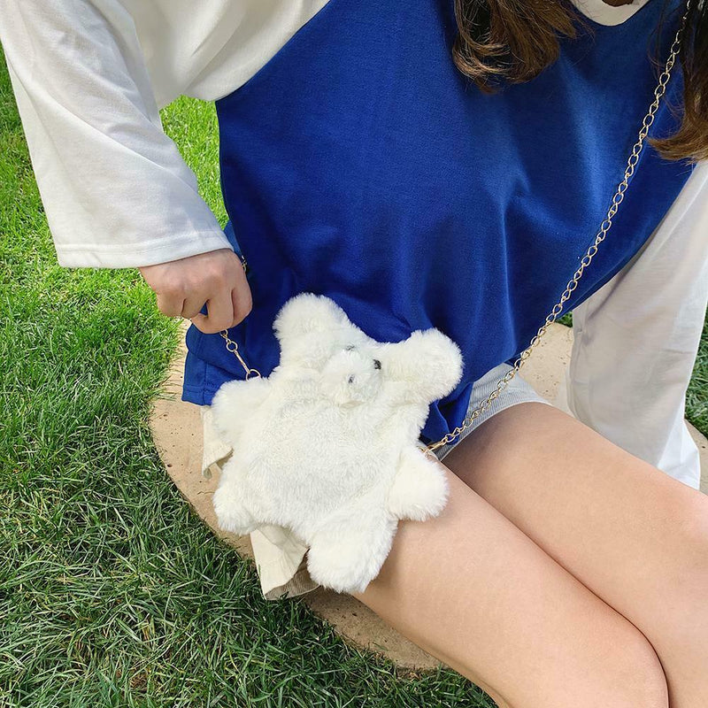 Cute Plush Bear Winter Crossbody Bag Women Crossbody Satchel Bags (White)